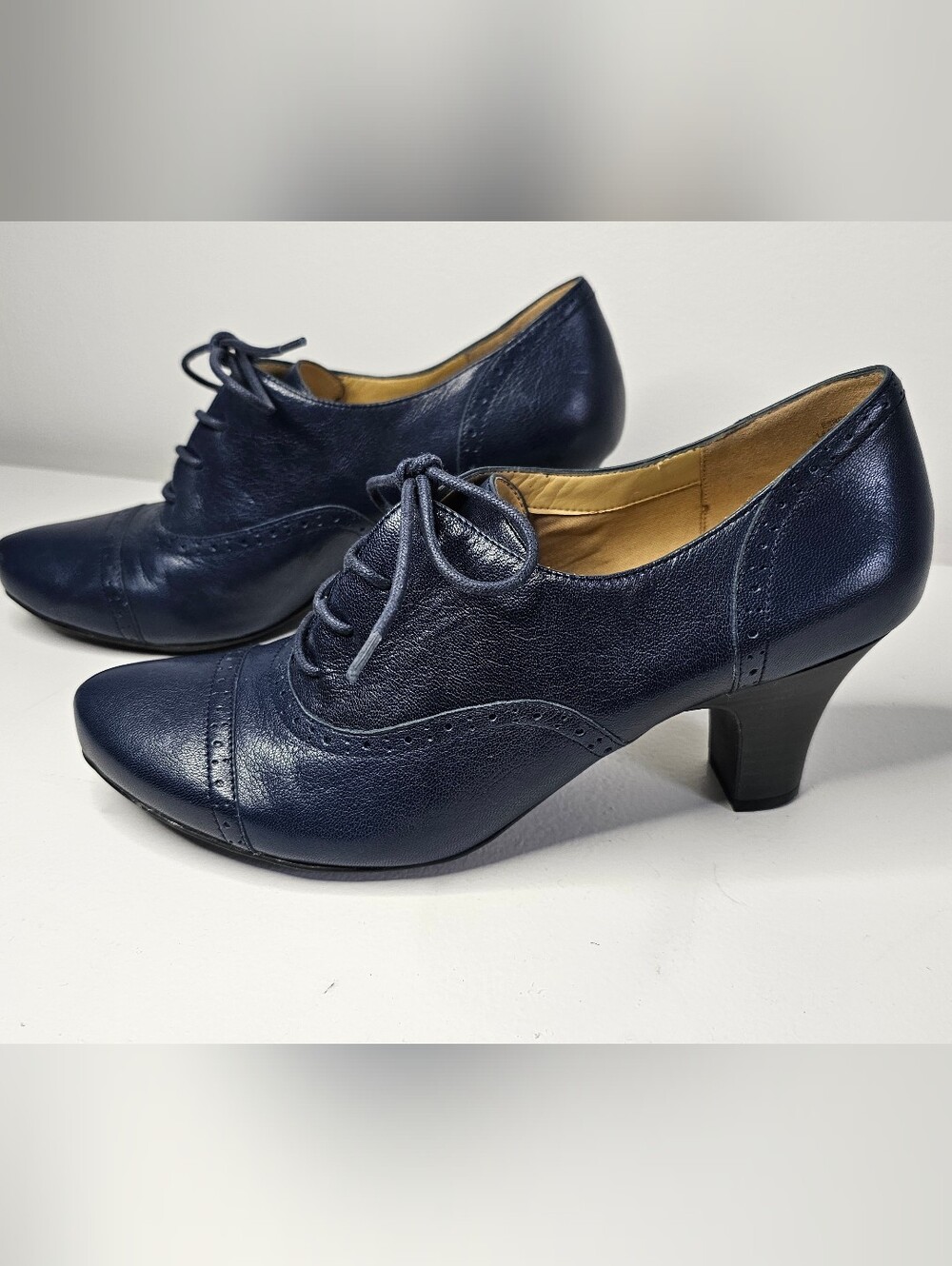 Navy Blue Leather Heeled Oxford Pumps - Size 10